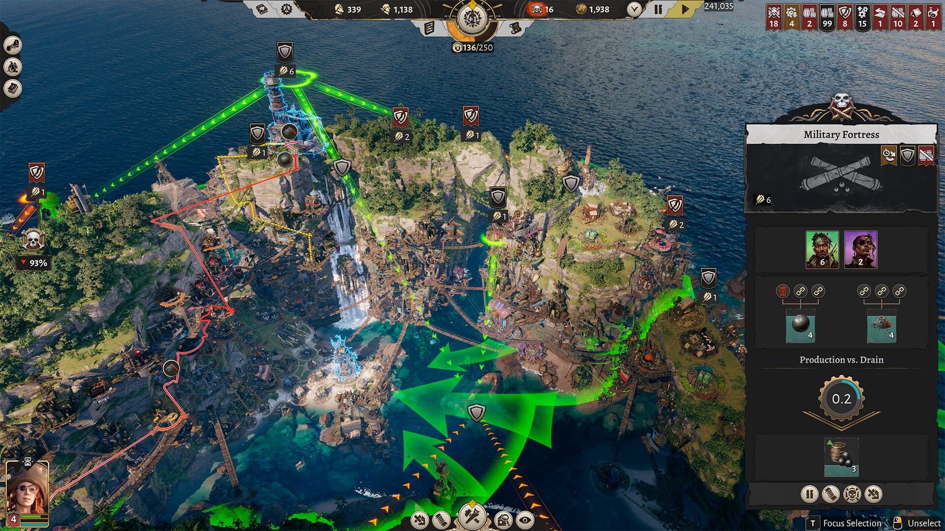 A Corsair Cove military fortress and transport routes spread across a coastal settlement