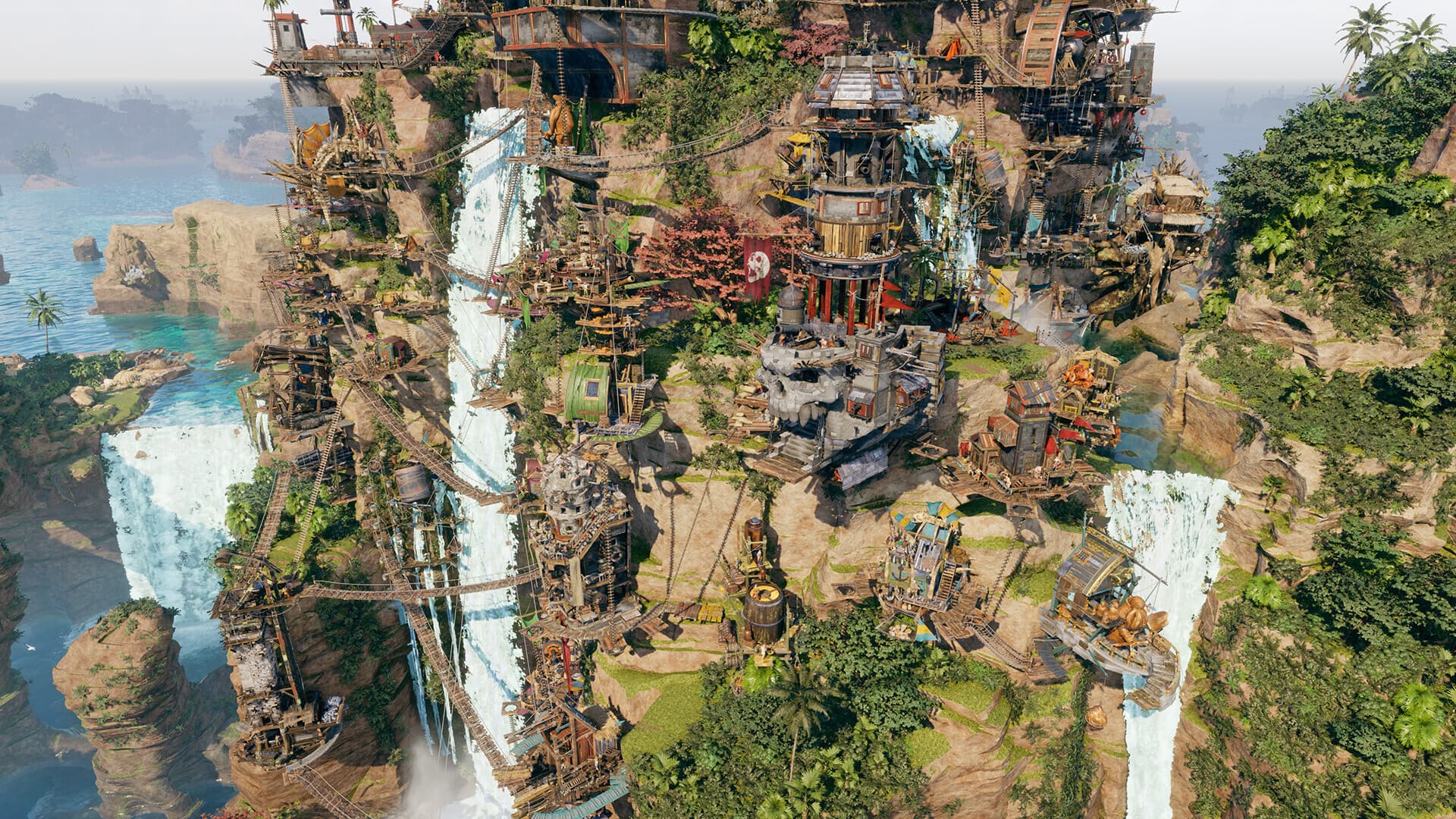 A dense Corsair Cove pirate settlement built vertically around tropical cliffs and waterfalls