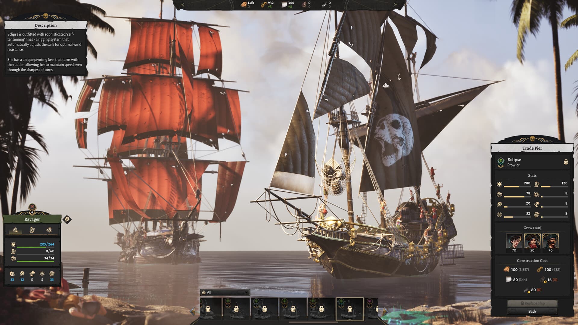 Two crewed pirate ships facing one another in Corsair Cove's naval combat interface