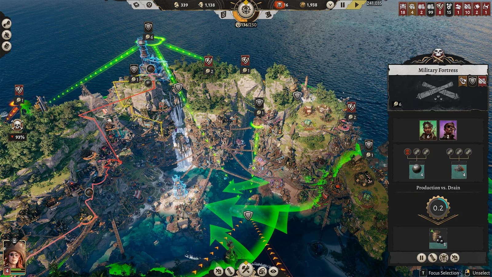 A mature Corsair Cove island with production, defenses, and route planning across terrain