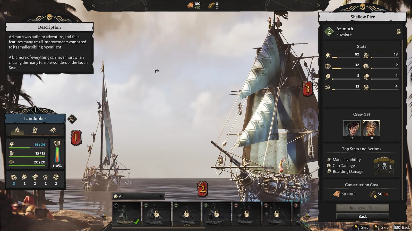 A completed Corsair Cove ship at the Pier after progression unlocks better expedition options