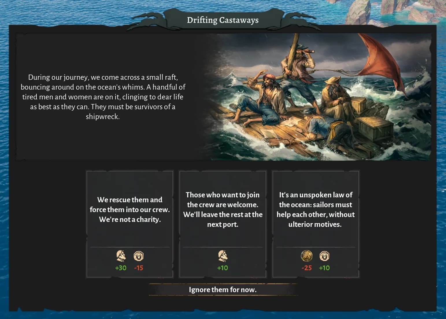 Official Corsair Cove wiki decision screen for the Drifting Castaways discovery event