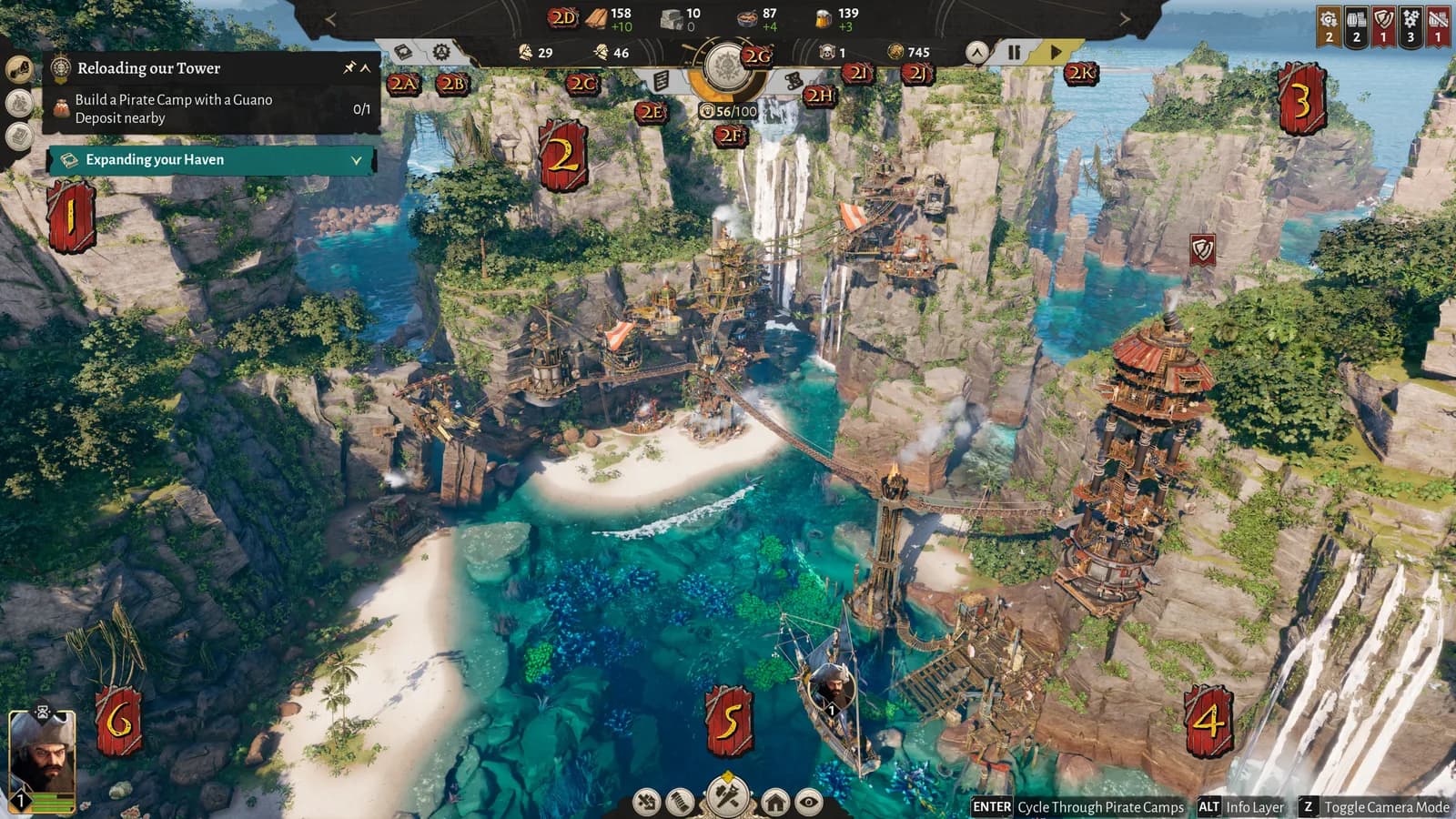 Corsair Cove building controls and construction information open over a settlement