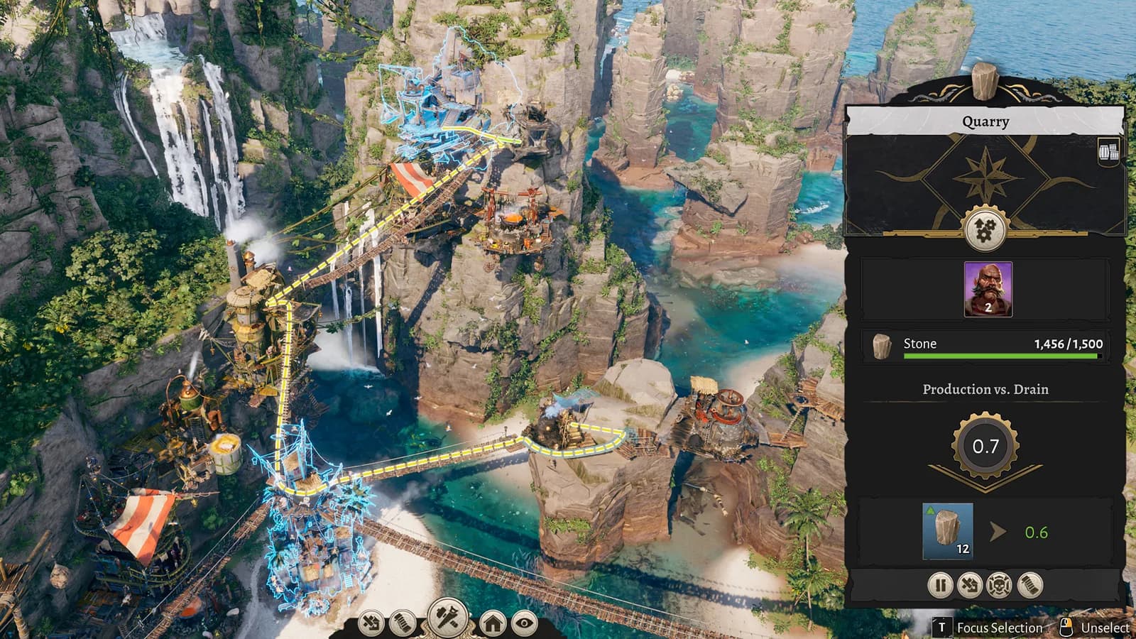 Long colored Corsair Cove Fetcher routes crossing between resource and storage buildings