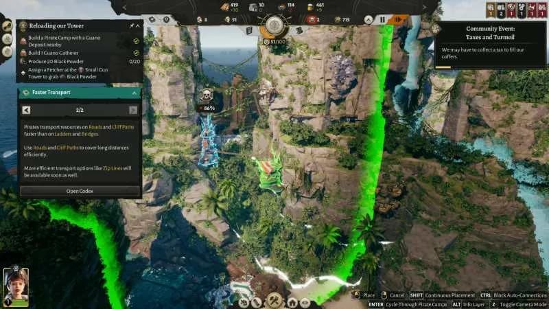 A Corsair Cove second camp with local production, beds, and room for a storage loop