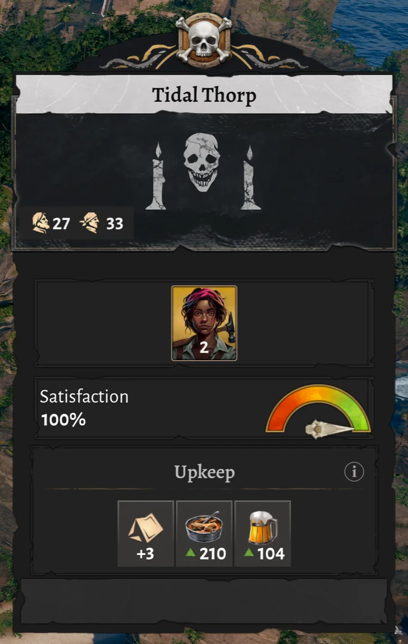 Official Pirate Camp panel showing satisfaction, spare housing, stew, and booze to inspect when Drifters are not joining