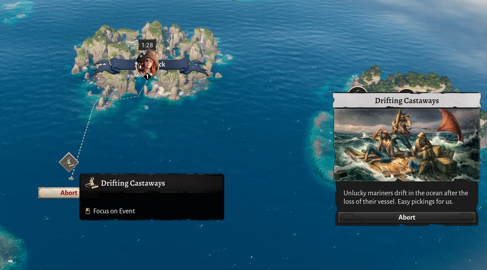 Official Drifting Castaways embark screen showing the sea route and event card that can add new Drifters