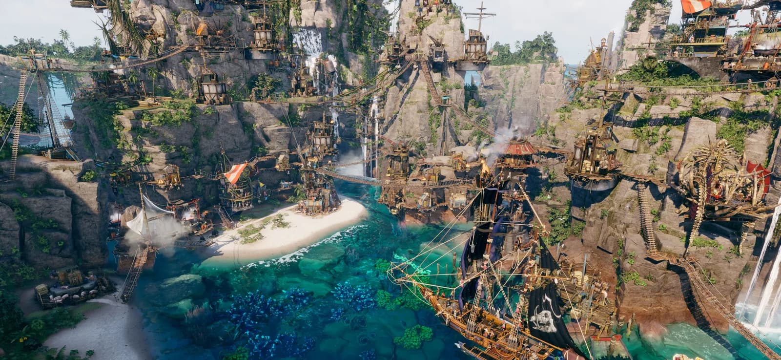Official pirate-haven overview showing a readable starter settlement with housing, production, storage, and the waterfront in one frame