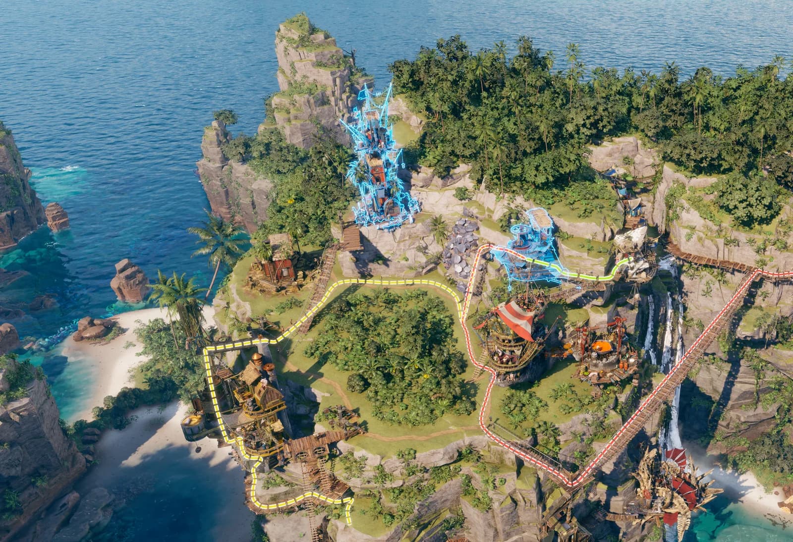 Official Fetcher route-efficiency view with green, yellow, and red transport paths across Corsair Cove