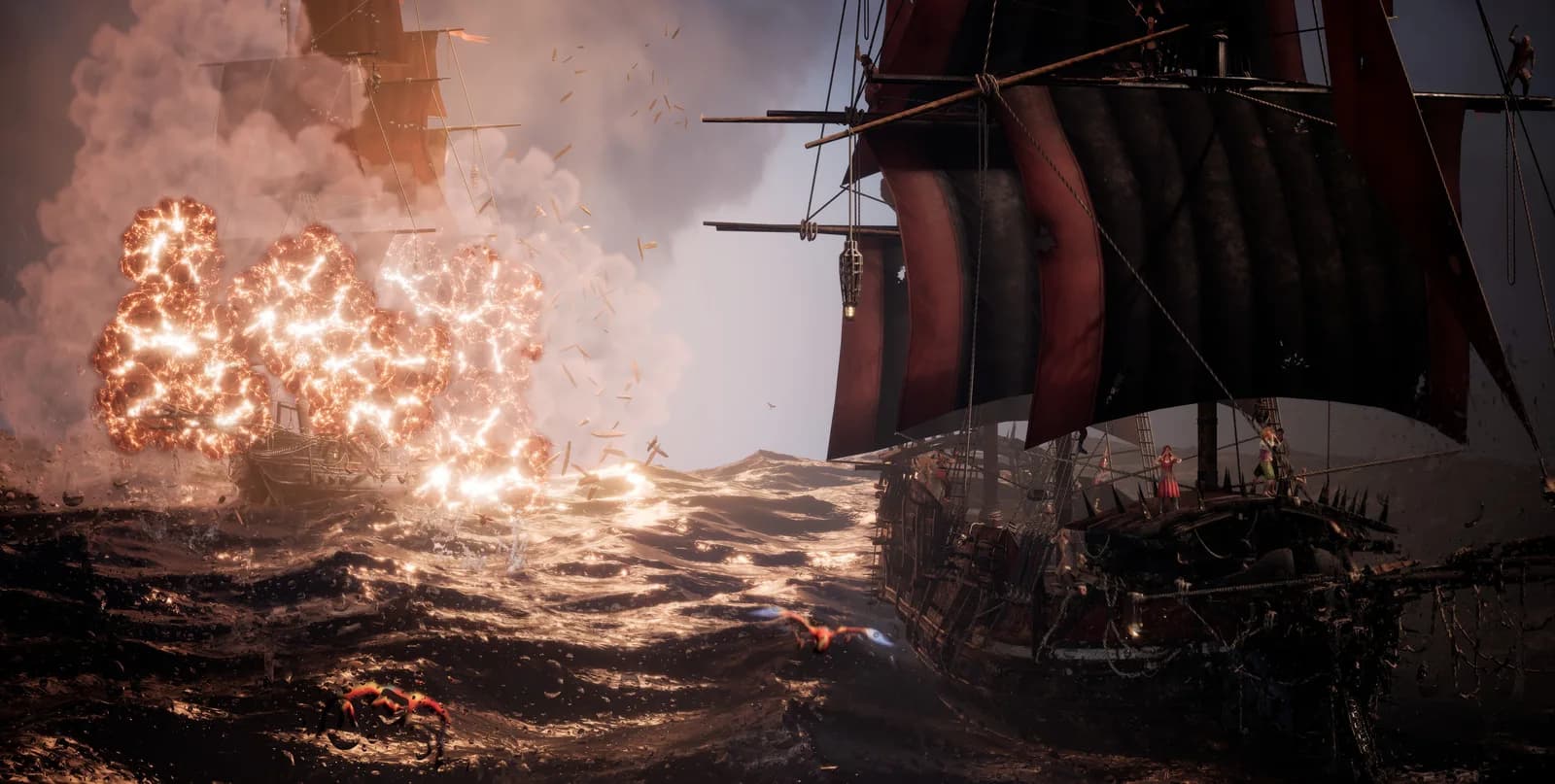 Official Corsair Cove naval battle scene with two ships exchanging fire
