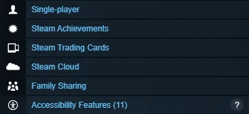 Official Corsair Cove Steam feature panel showing Single-player, Achievements, Trading Cards, Steam Cloud, and Family Sharing